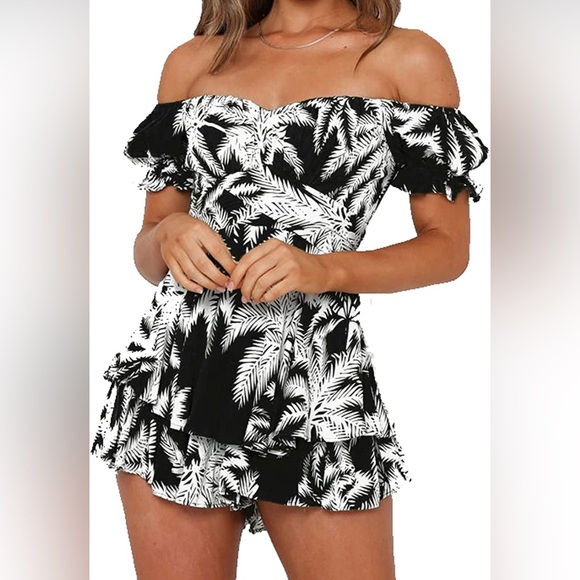 Pants - black and white romper. it flows like a dress and covers up your midsection.